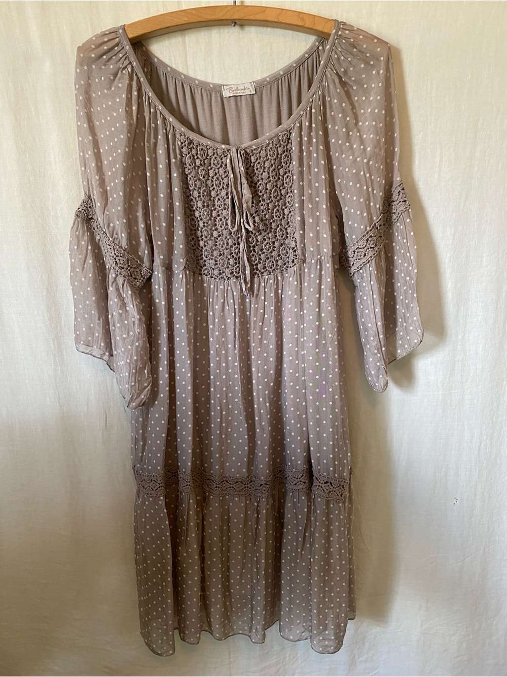 Silk Boho Polka Dot Lace-Trim Midi Dress in Taupe - made in Italy -Small - Flowy